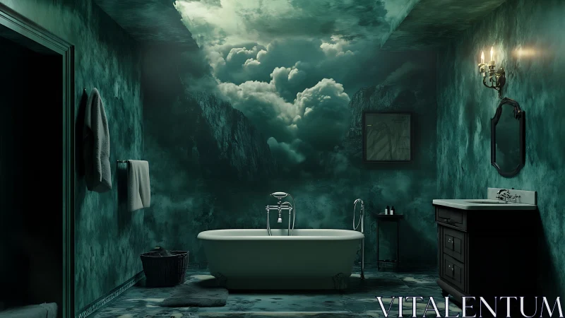 Dreamy teal bathroom invites calm with clouds and mountains