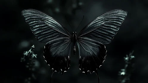 Dark metallic butterfly spreads wings against blurred bokeh