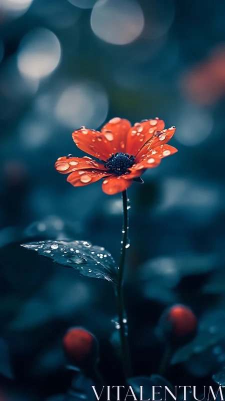 Red Gerbera Daisy With Water Droplets Against Blurred Background