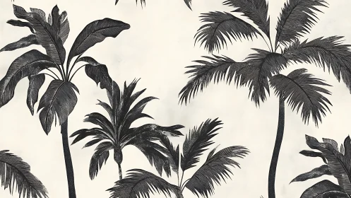 Monochrome palm tree illustration on light textured ground.