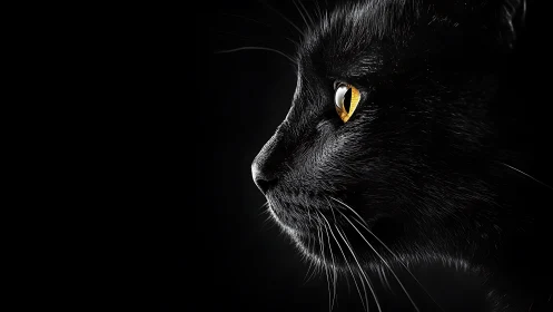 Black Feline Profile with Luminous Amber Iris Against Achromatic Ground.
