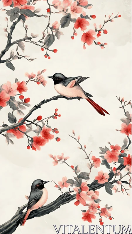 Songbirds rest on ink-wash cherry branches in vertical study