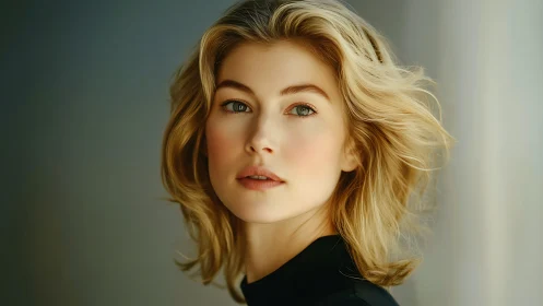 Soft-lit blonde portrait captures calm, introspective gaze.