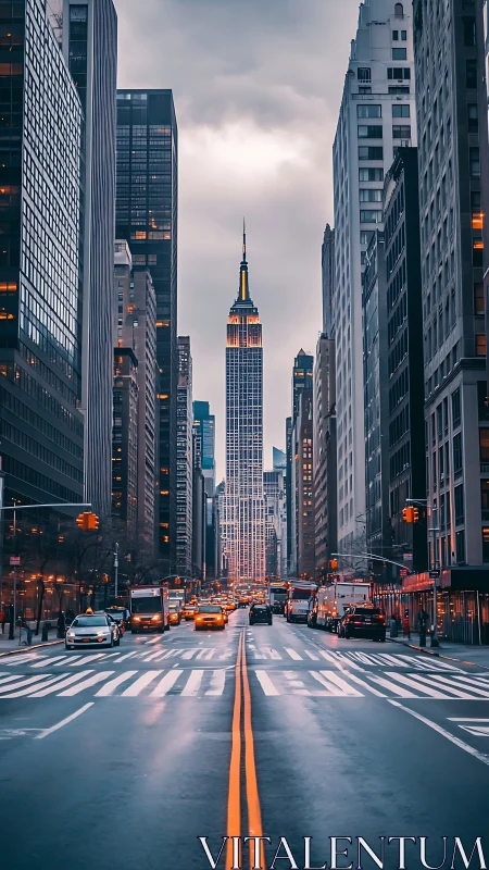 Empire State Building rises over wet New York avenue at dusk