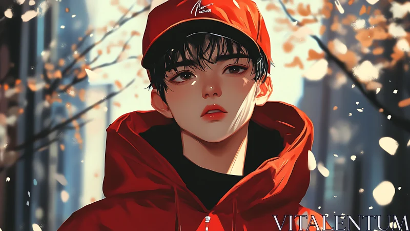 Red hooded youth in soft urban autumn light portrait.