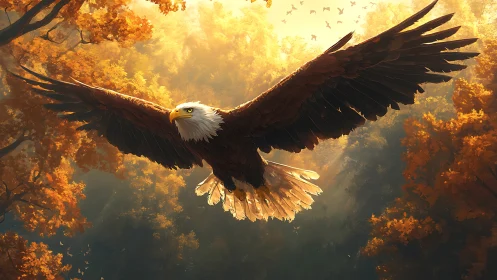 Majestic Bald Eagle Soaring Over Autumn Forest in Dramatic Light.