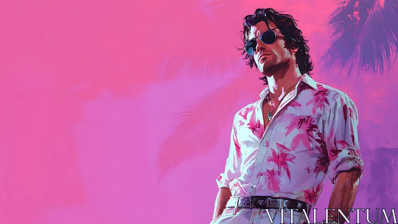 Retro neon beach drifter in floral shirt under palm glow.