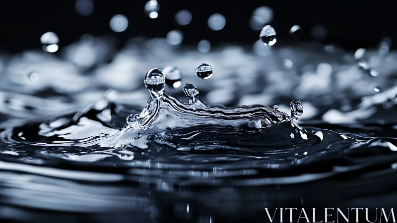 Gleaming water droplet crown amid dark reflective ripples.