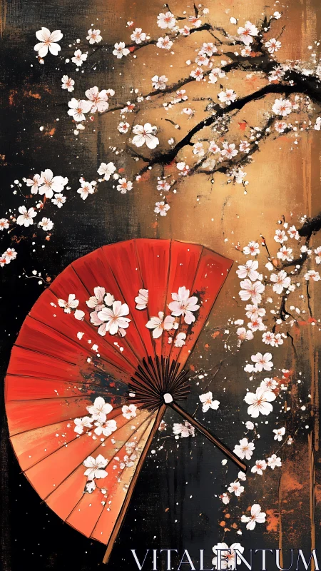 Red folding fan and cherry blossoms occupy a vertical frame