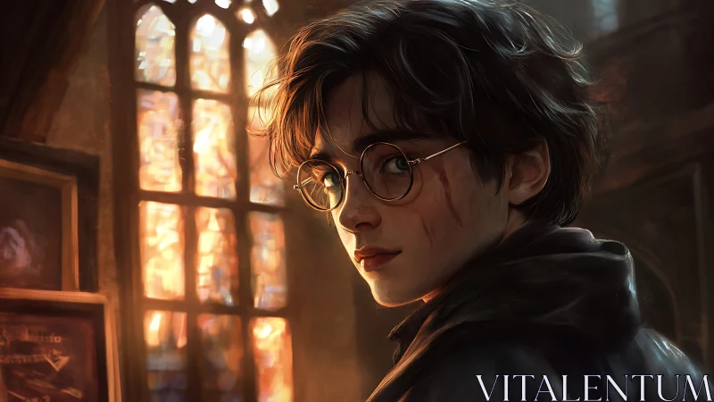 Young figure with glasses near stained glass window interior.