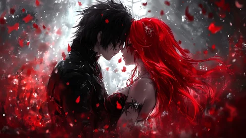 Storm-soft embrace beneath a whirlwind of crimson petals.