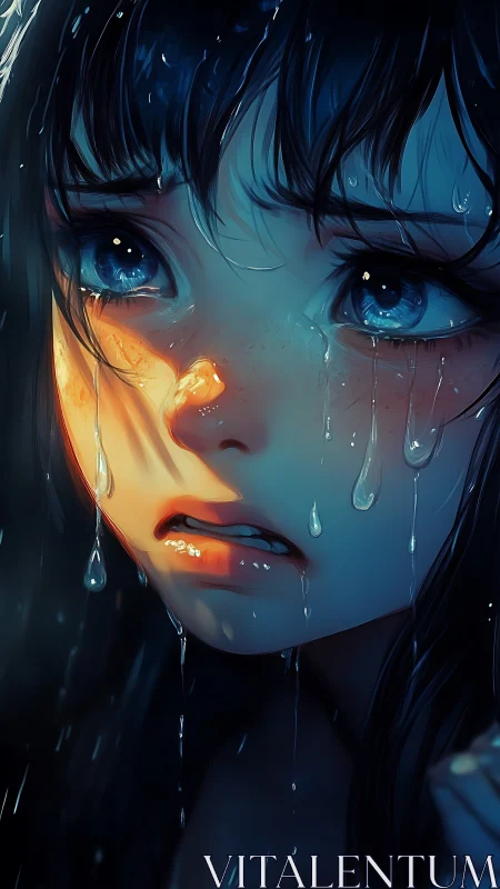Rainlit sorrow on a blue eyed girl, glowing in silence.