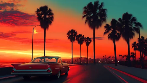 Sunset cruise beneath glowing palm-lined boulevard skies.