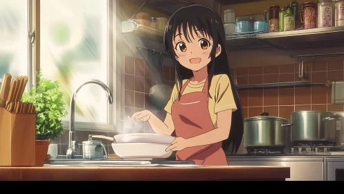 Smiling anime girl cooks beside sunlit kitchen window