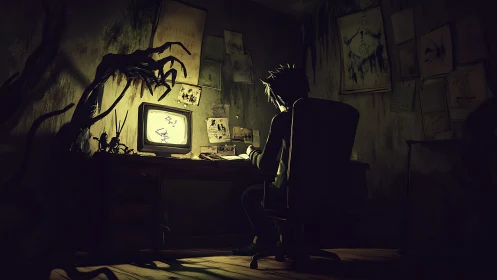 Digital artist at monitor encroached by shadowy clawed roots.