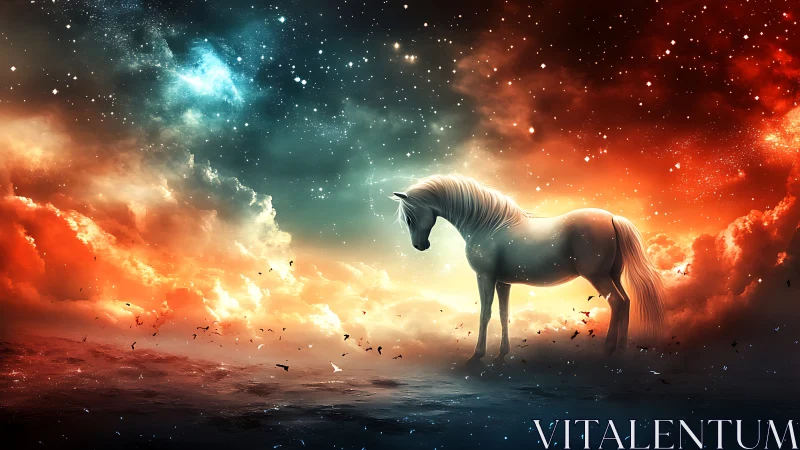 Starlit white horse amid nebular clouds and dual-tone sky