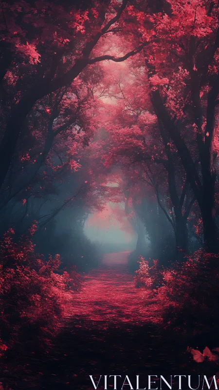 Forest Path with Red Luminescent Foliage