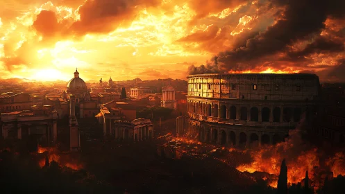 Fiery sunset crowns an ancient city in dramatic turmoil