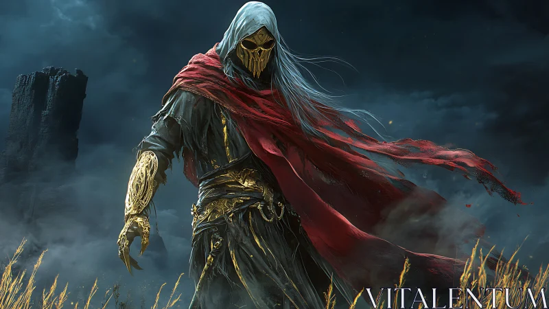 Hooded skeletal warlord strides through stormlit wasteland.