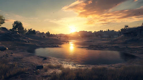 Gentle lakeside sunset casting golden calm across nature.