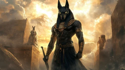 Armored Anubis warrior dominates storm-lit Egyptian necropolis