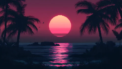 Pixel-tier neon sunset over silhouetted palms with reflective water