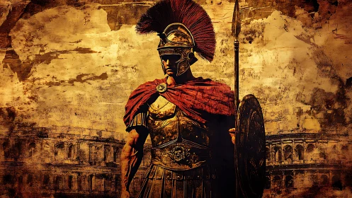 Roman legionary in ornate armor before Colosseum backdrop