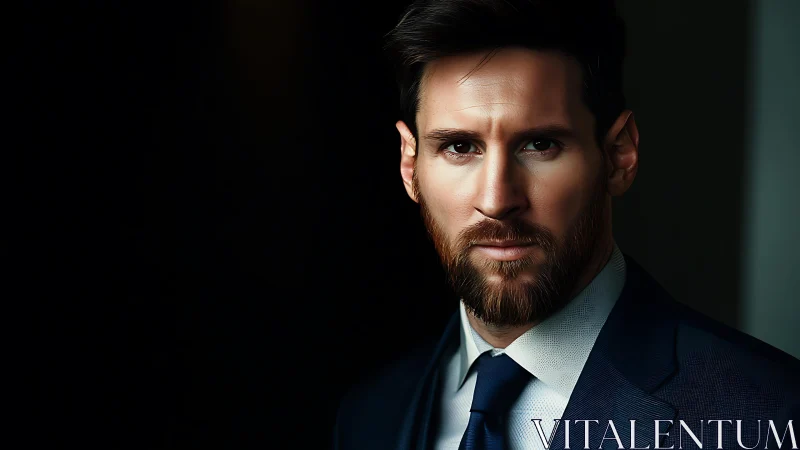 Studio portrait of bearded man in navy business suit, low key