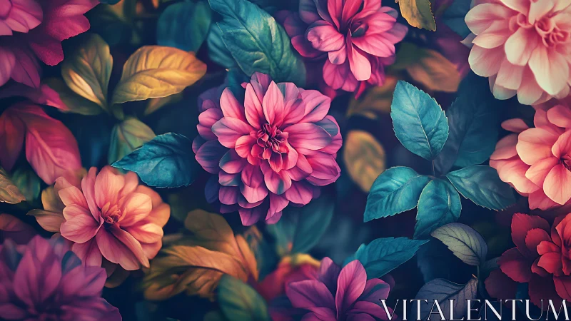 Vibrant Dahlias. Saturated Pink and Fuchsia Blooms Against Deep Teal Foliage.