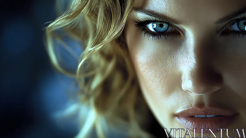 Intense blue-eyed digital portrait radiates cool dramatic focus