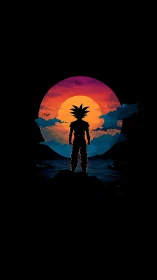 Silhouetted spiky haired warrior against neon gradient sunset