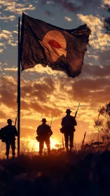 Silhouetted soldiers stand under worn flag at sunset sky