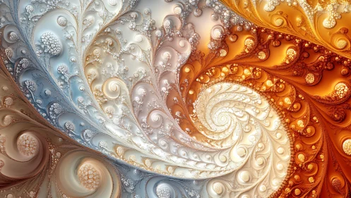 Fractal spiral curls with warm and cool gradient flow.