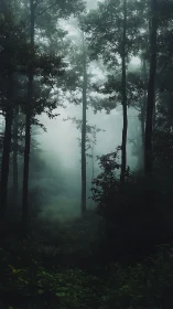 Misty Coniferous Forest Pathway with Volumetric Light Attenuation