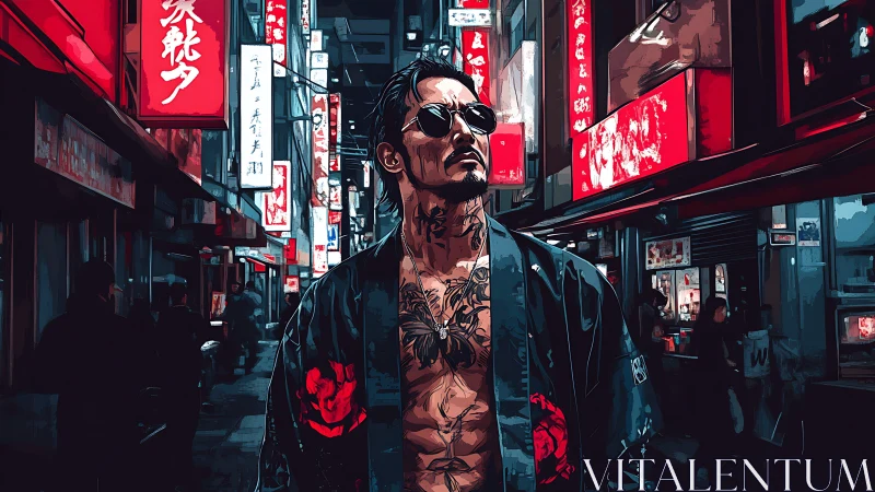 Tattooed nightwalker in neon-saturated urban corridor study.