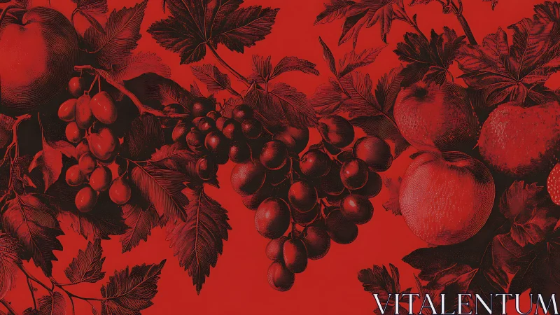 Red monochrome fruit engraving with grapes and apples.