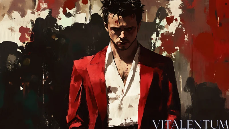 Male figure in red jacket before abstract red backdrop.