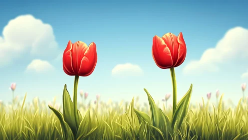 Two red tulips standing in green grass under blue sky.