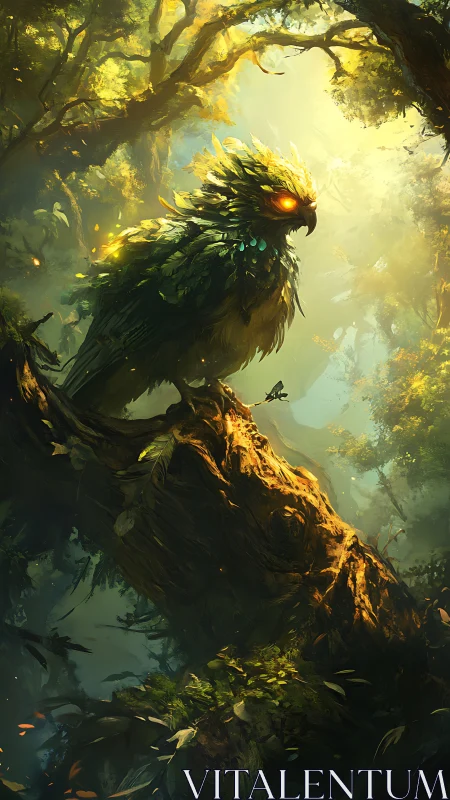 Mythic forest guardian glows atop a sunlit ancient tree.