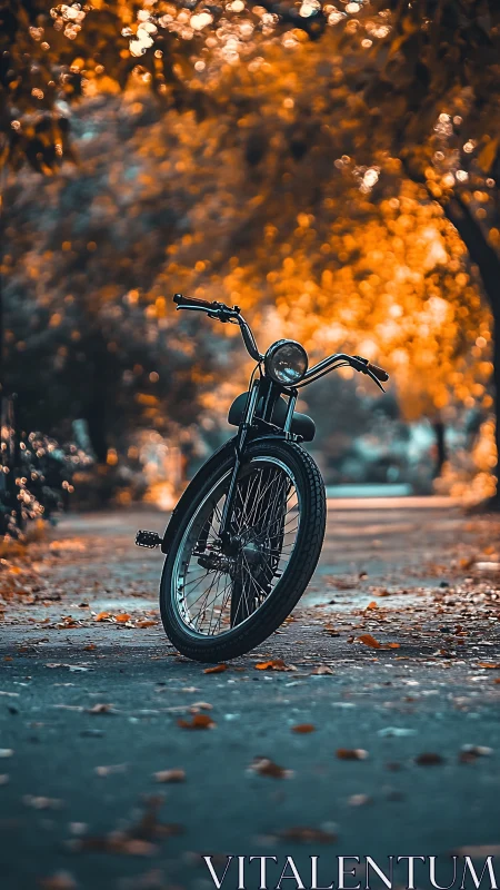 Bicycle Positioned on Urban Pavement Under Autumn Foliage