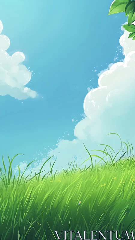 Sunlit meadow stretches beneath calm blue summer sky.