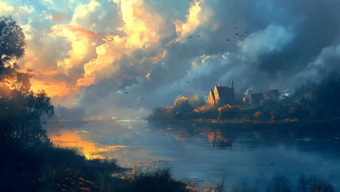 Fiery sunset clouds frame tranquil lakeside village scene.
