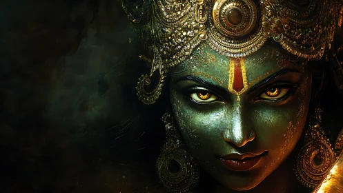 Divine warrior portrait with gilded headdress and burning gaze.