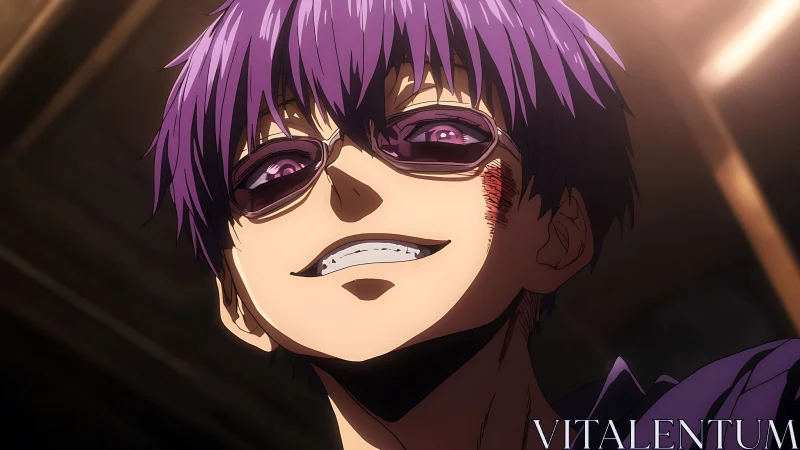 Purple haired anime antihero with scarred grin in low angle.