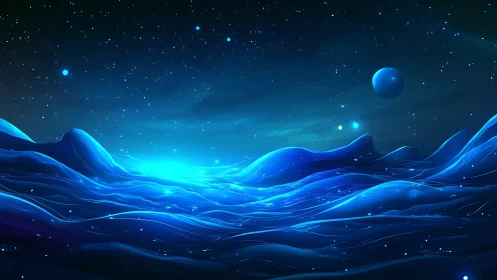Dreamy cosmic waves glowing beneath a starry sky.