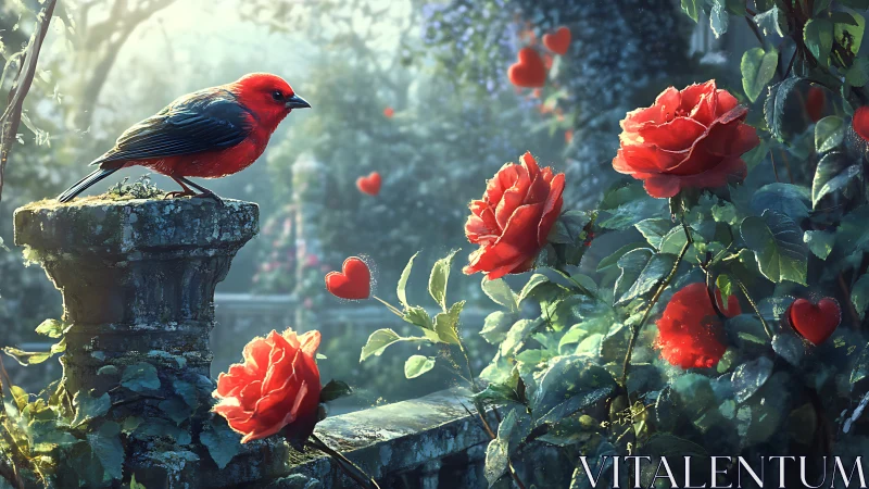 Scarlet songbird overlooks dewy roses in enchanted garden.