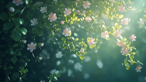 Pink blossoms on trailing foliage in soft natural light.