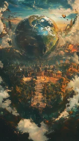 Floating world above a golden skybound city of dreams.
