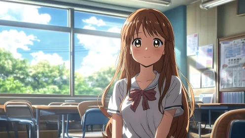 Sunlit anime classroom portrait with depth-accurate lighting.