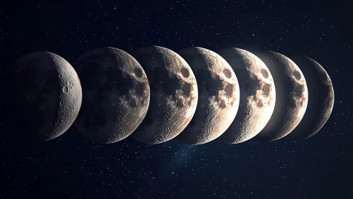 Lunar phases align in a detailed night sky composition.